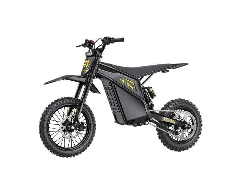 Heybike Villain electric pit bike in black, side view