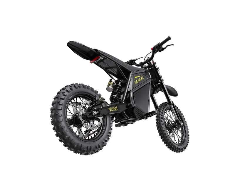 Heybike Villain electric pit bike in black, rear three-quarter view