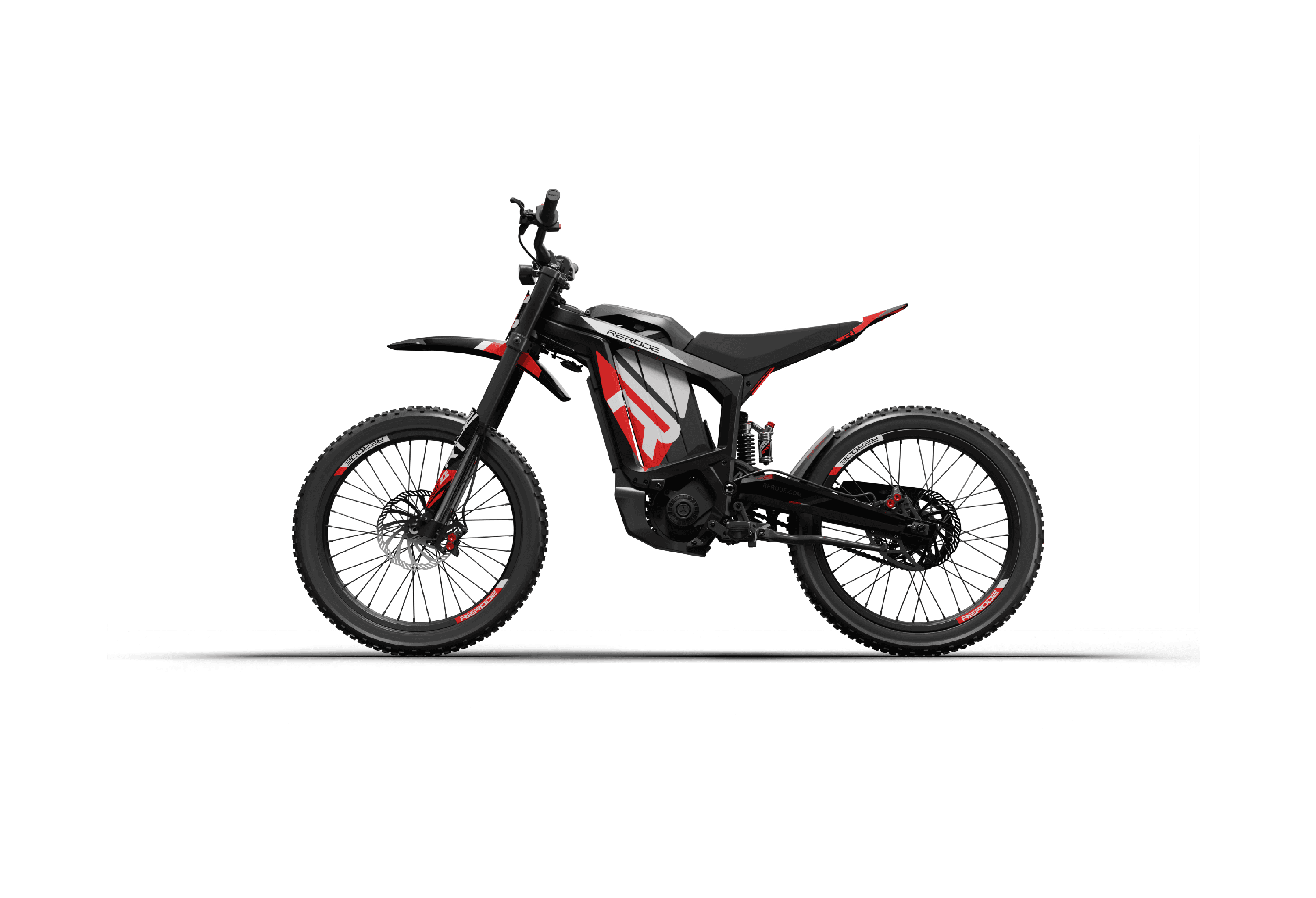 Rerode R1 electric dirt bike with red accents, side view