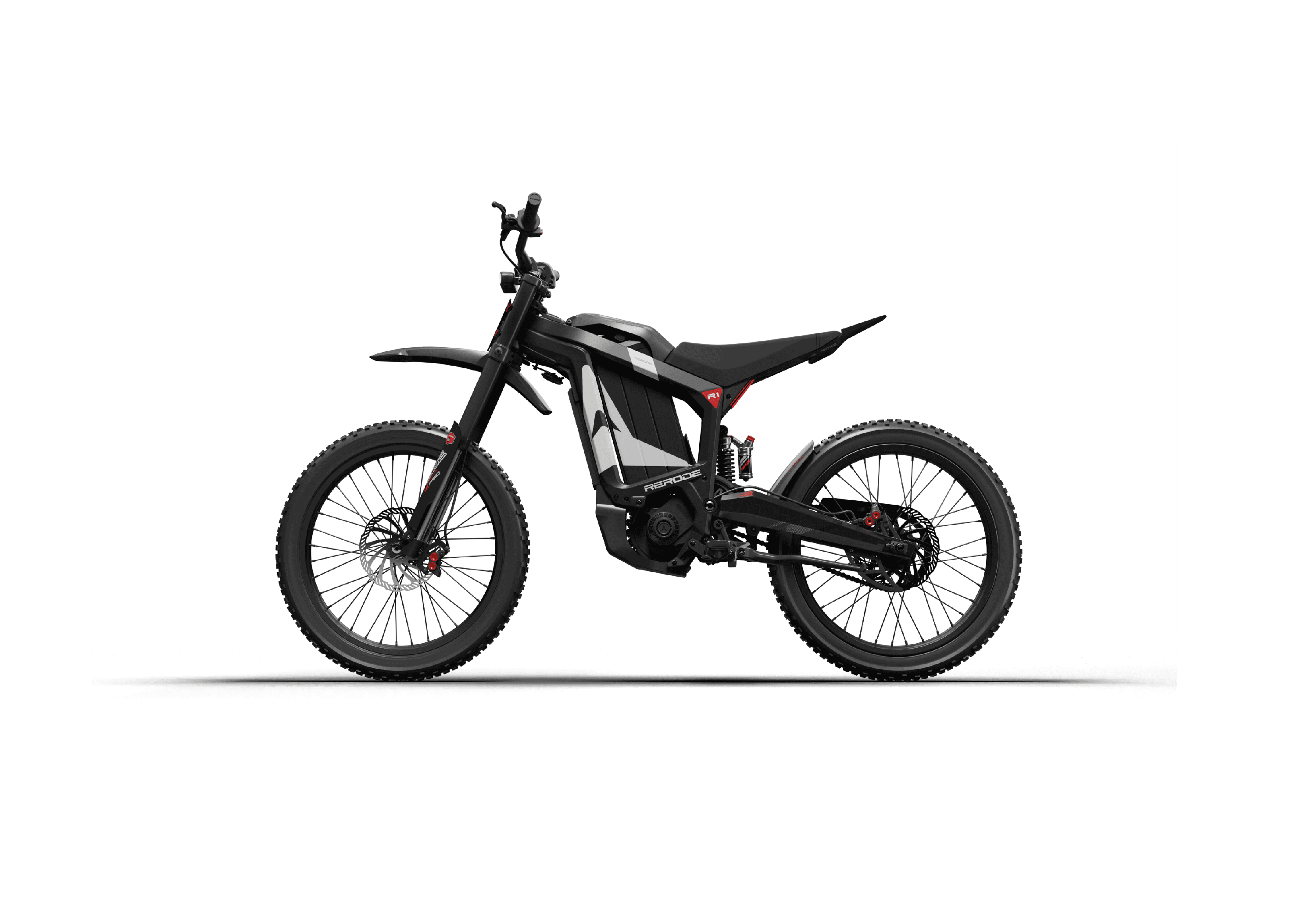 Rerode R1 electric dirt bike in black, opposite side view