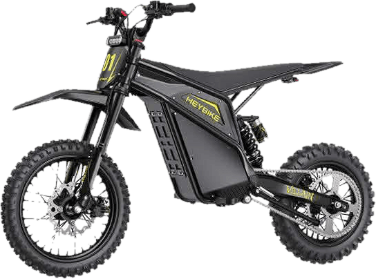 Heybike Villain electric dirt bike in black with yellow Heybike graphics